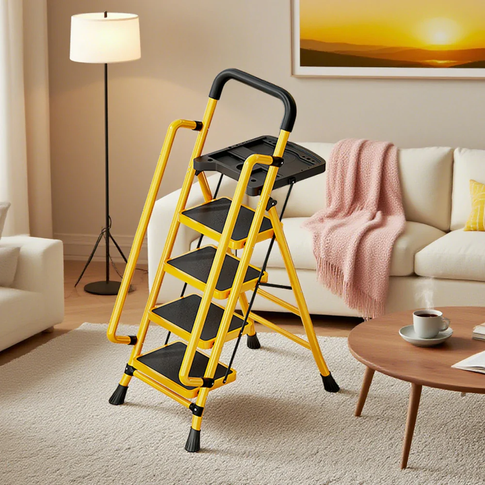 GROVIA 4/5/6 Step Carbon Steel Folding Handrail Ladder - Tool Tray, 26cm Wide Pedals, Foldable to 10cm, Anti-Slip Feet - Yellow - Image 2