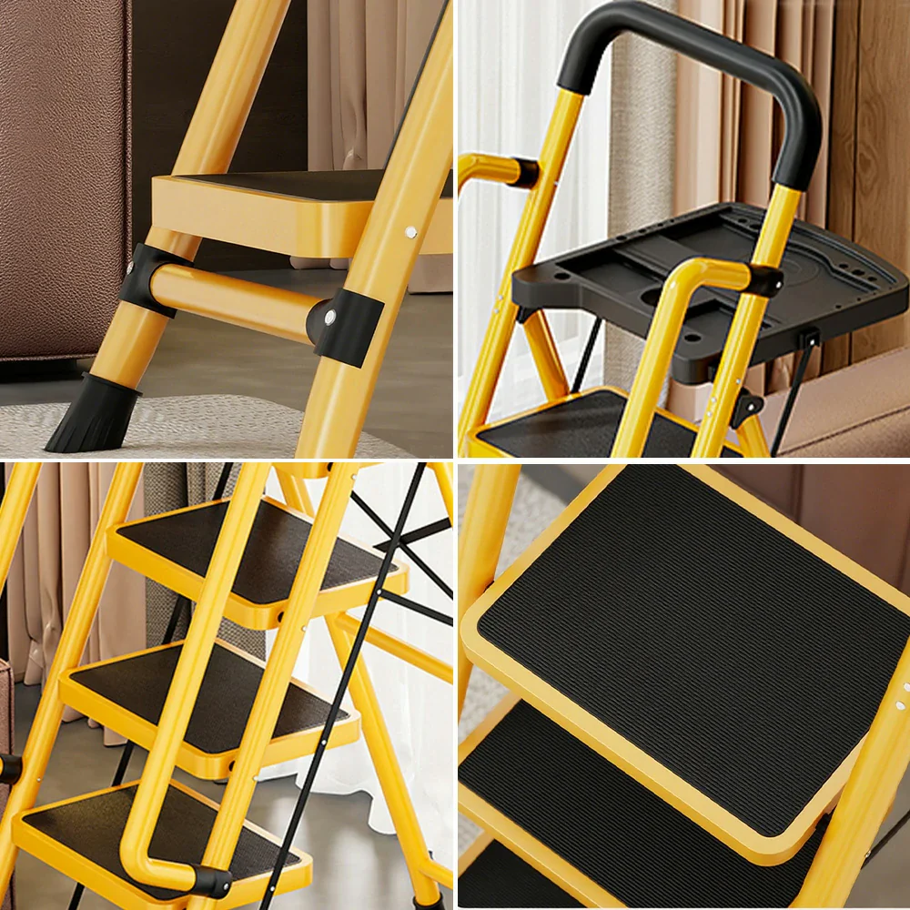 GROVIA 4/5/6 Step Carbon Steel Folding Handrail Ladder - Tool Tray, 26cm Wide Pedals, Foldable to 10cm, Anti-Slip Feet - Yellow - Image 3