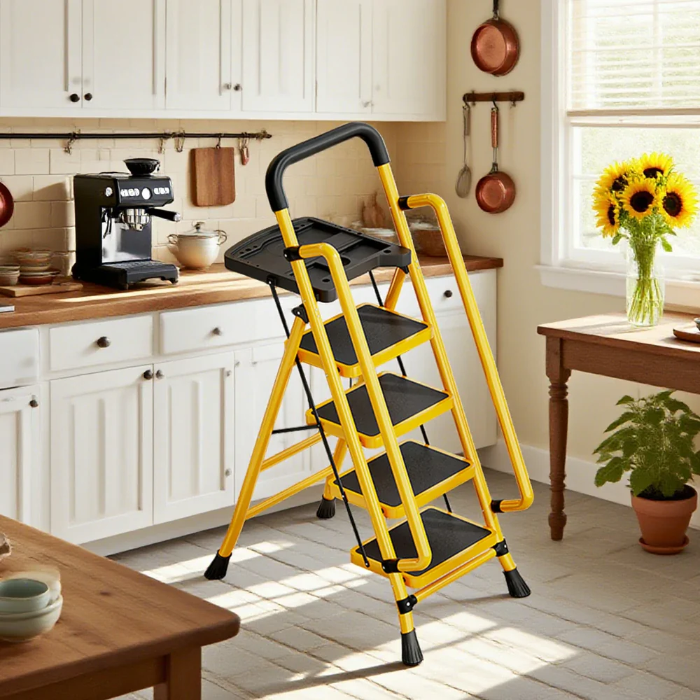 GROVIA 4/5/6 Step Carbon Steel Folding Handrail Ladder - Tool Tray, 26cm Wide Pedals, Foldable to 10cm, Anti-Slip Feet - Yellow - Image 4