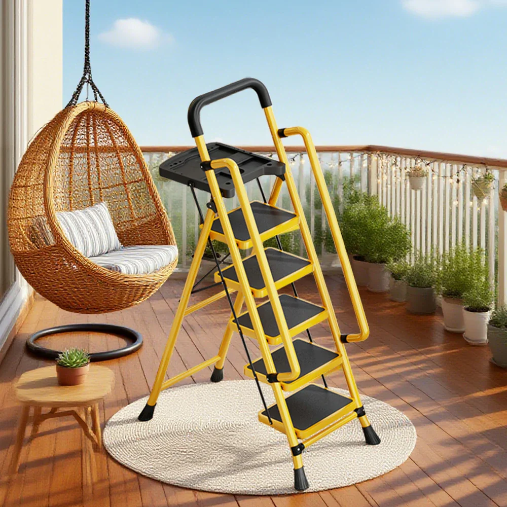 GROVIA 4/5/6 Step Carbon Steel Folding Handrail Ladder - Tool Tray, 26cm Wide Pedals, Foldable to 10cm, Anti-Slip Feet - Yellow - Image 9