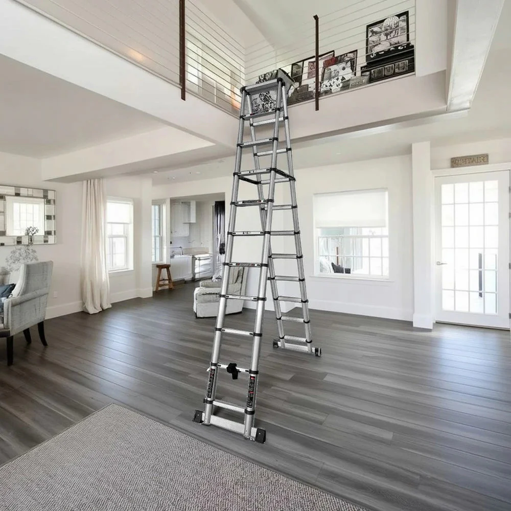 GROVIA Aluminium A-Frame Telescopic Ladder 10/11/12 Step - Heavy-Duty, Anti-Slip, Foldable & Space-Saving Design - Image 7
