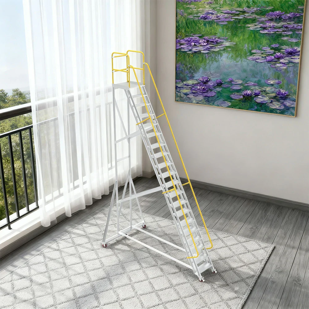 GROVIA Aluminium Platform Ladder 20 Step - Heavy-Duty Safety Rail, Anti-Slip Steps & Lockable Wheels - Image 4