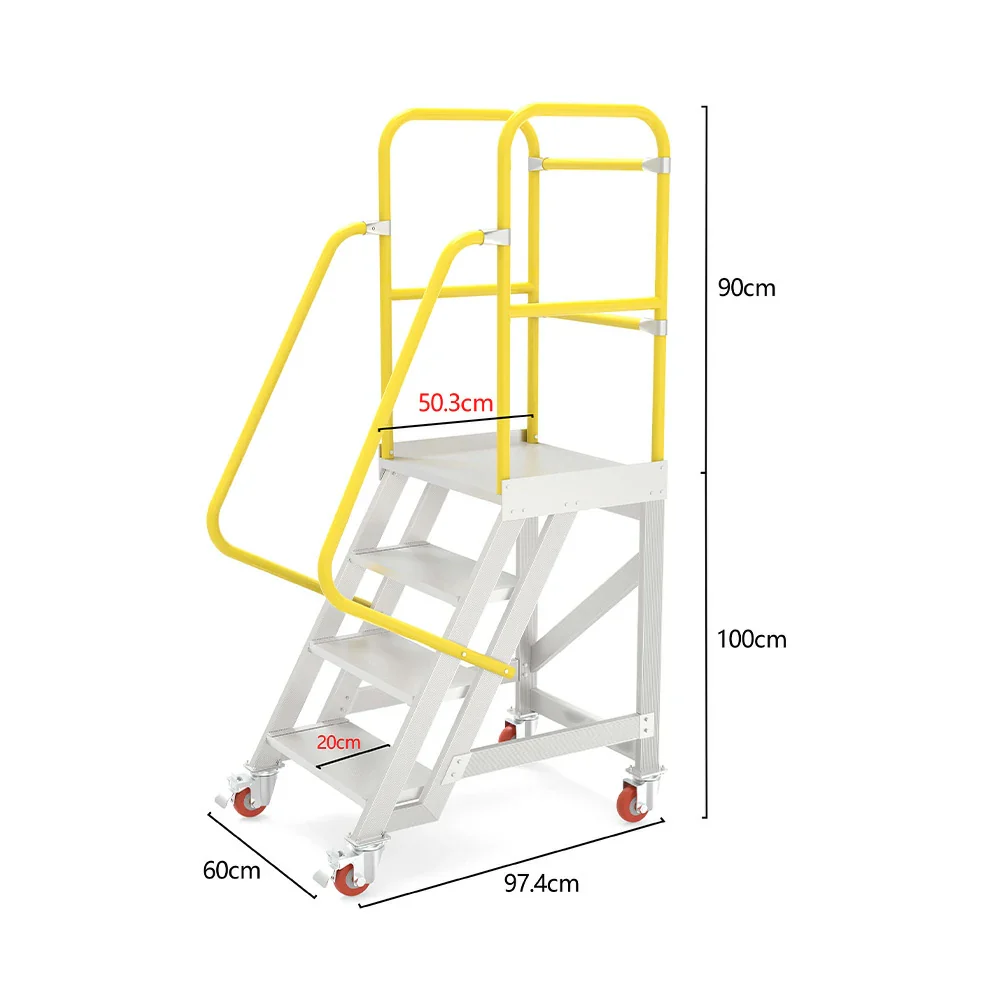 GROVIA Aluminium Platform Ladder 4 Step 90/100cm - Heavy-Duty Safety Rail, Anti-Slip Steps & Lockable Wheels - Image 10
