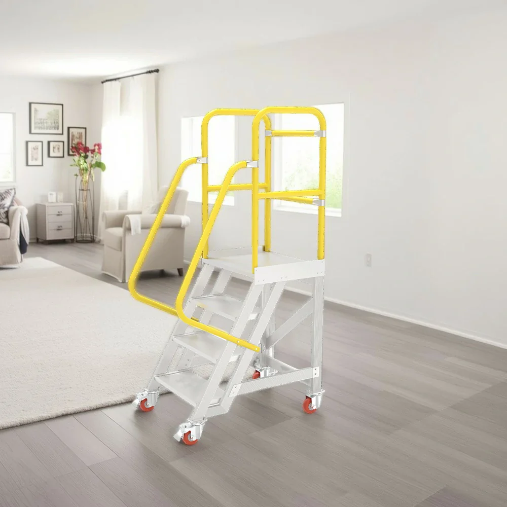 GROVIA Aluminium Platform Ladder 4 Step 90/100cm - Heavy-Duty Safety Rail, Anti-Slip Steps & Lockable Wheels - Image 2