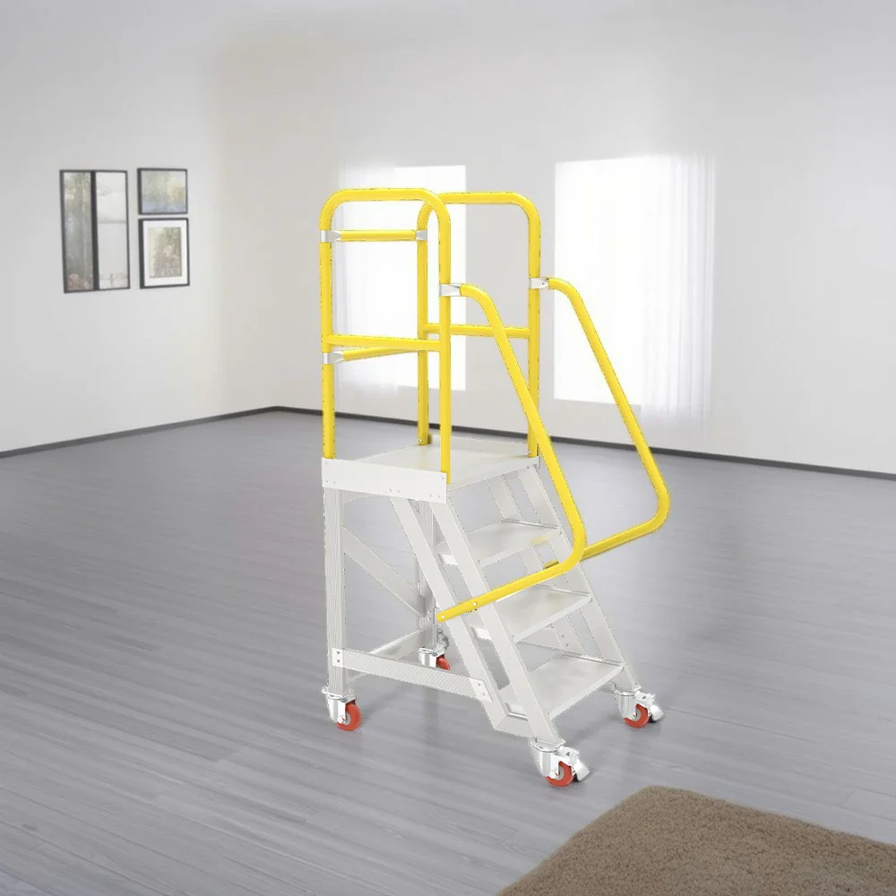 GROVIA Aluminium Platform Ladder 4 Step 90/100cm - Heavy-Duty Safety Rail, Anti-Slip Steps & Lockable Wheels - Image 4