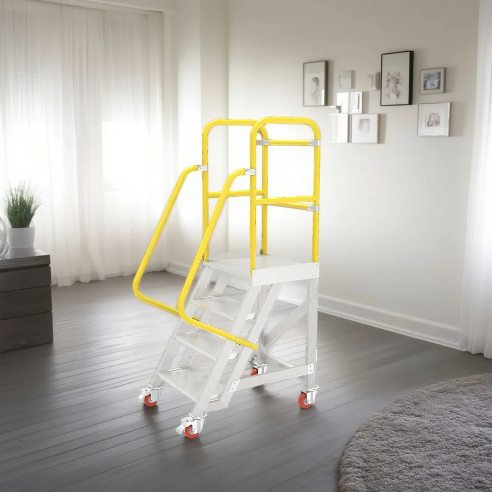 GROVIA Aluminium Platform Ladder 4 Step 90/100cm - Heavy-Duty Safety Rail, Anti-Slip Steps & Lockable Wheels - Image 7