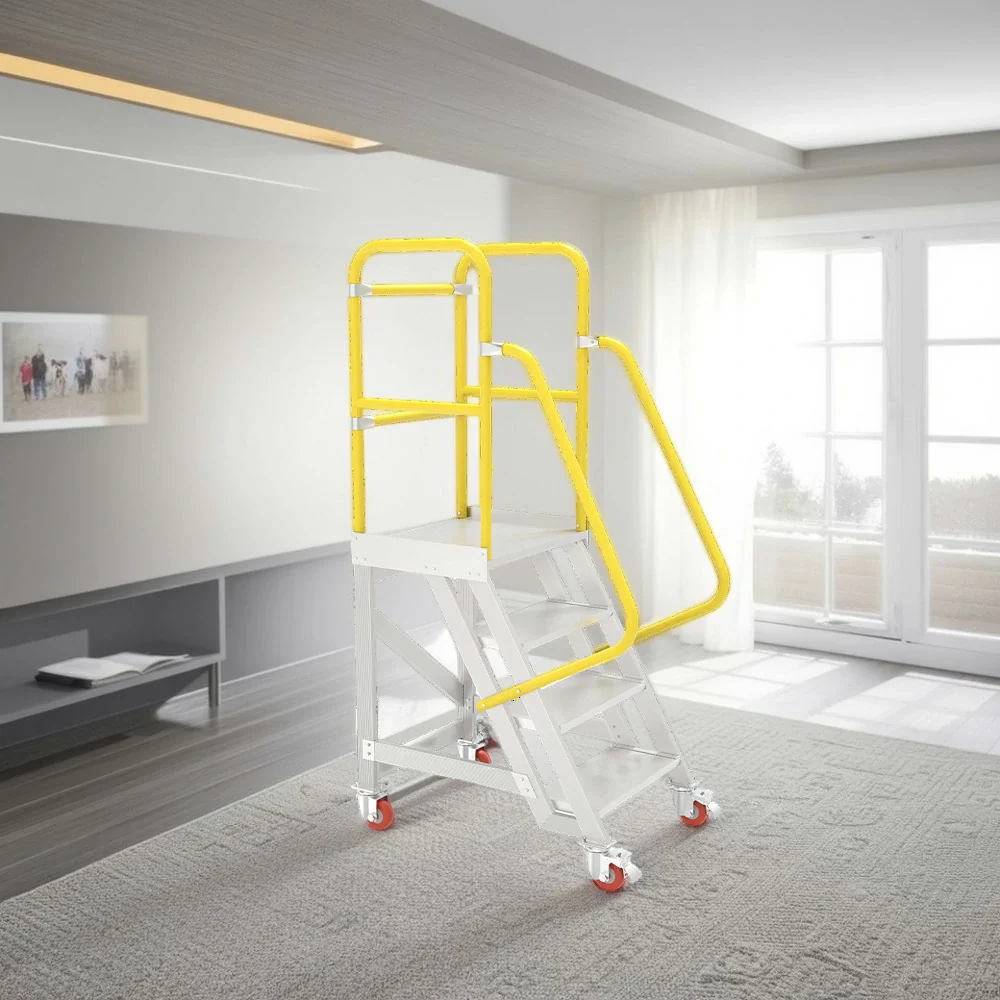 GROVIA Aluminium Platform Ladder 4 Step 90/100cm - Heavy-Duty Safety Rail, Anti-Slip Steps & Lockable Wheels - Image 9