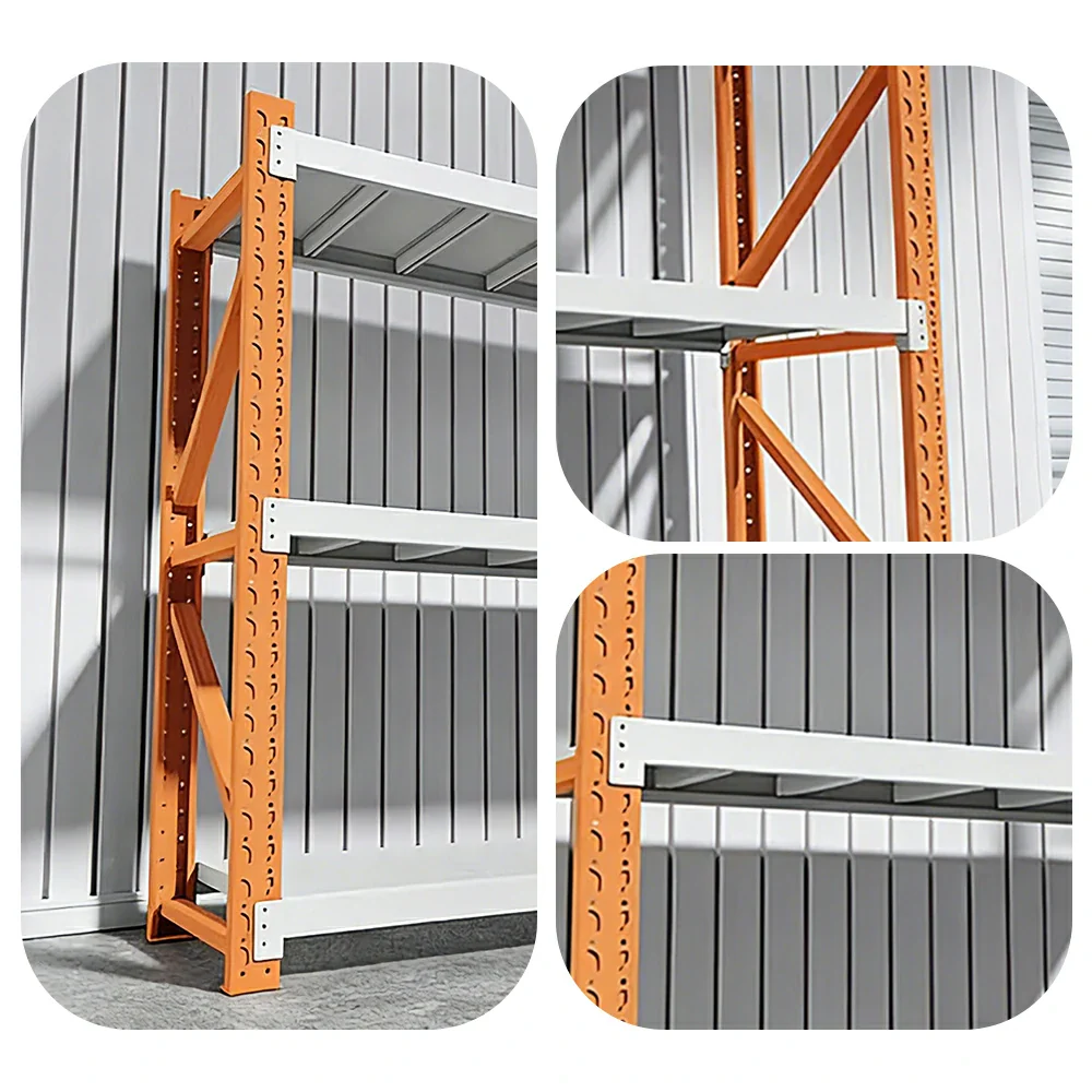 GROVIA 3-Tier 100/120cm Storage Shelving Rack, Heavy-Duty Steel Frame, Screw-Free Assembly, Stable Triangular Support - White&Orange - Image 3