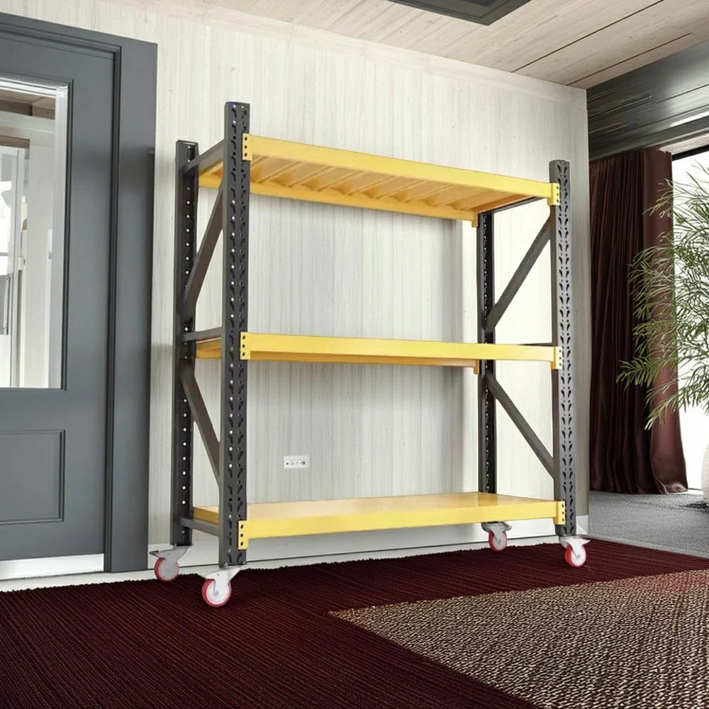 GROVIA 3-Tier 100/120cm Storage Shelving Rack, Screw-Free Steel Frame, Swivel Castors with Brakes, Stable Design - Black&Yellow - Image 2