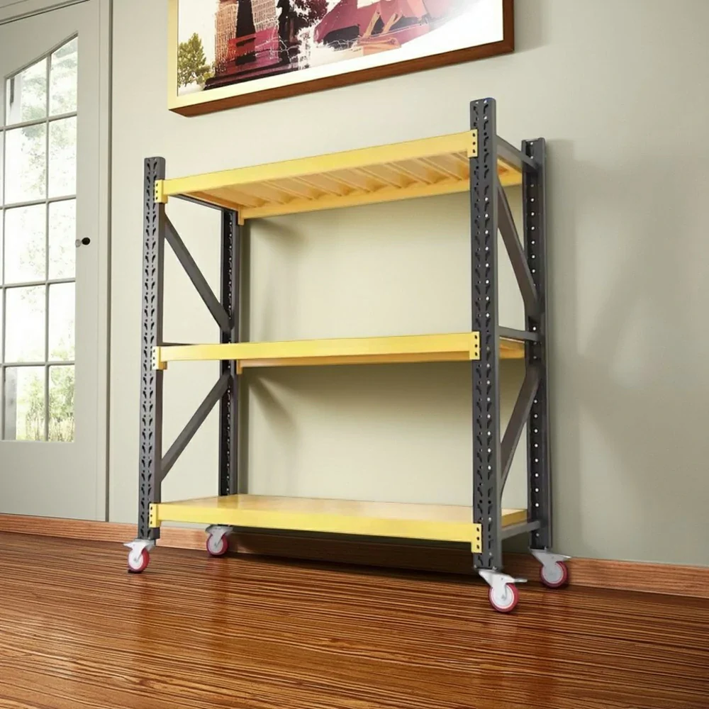 GROVIA 3-Tier 100/120cm Storage Shelving Rack, Screw-Free Steel Frame, Swivel Castors with Brakes, Stable Design - Black&Yellow - Image 4