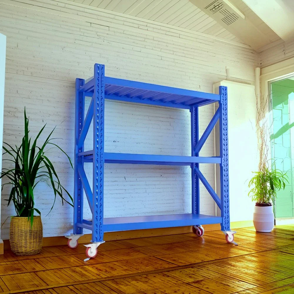 GROVIA 3-Tier 100/120cm Storage Shelving Rack, Screw-Free Steel Frame, Swivel Castors with Brakes, Stable Design - Blue - Image 2