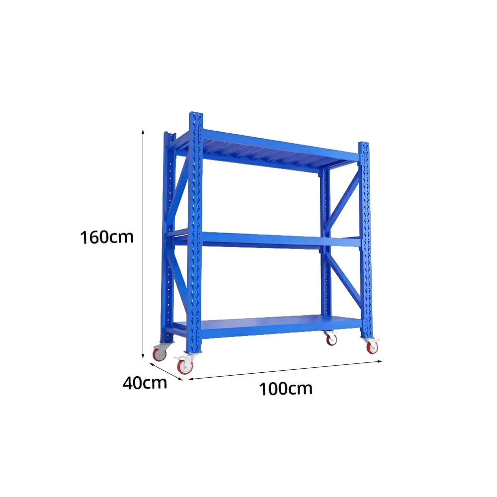 GROVIA 3-Tier 100/120cm Storage Shelving Rack, Screw-Free Steel Frame, Swivel Castors with Brakes, Stable Design - Blue - Image 5