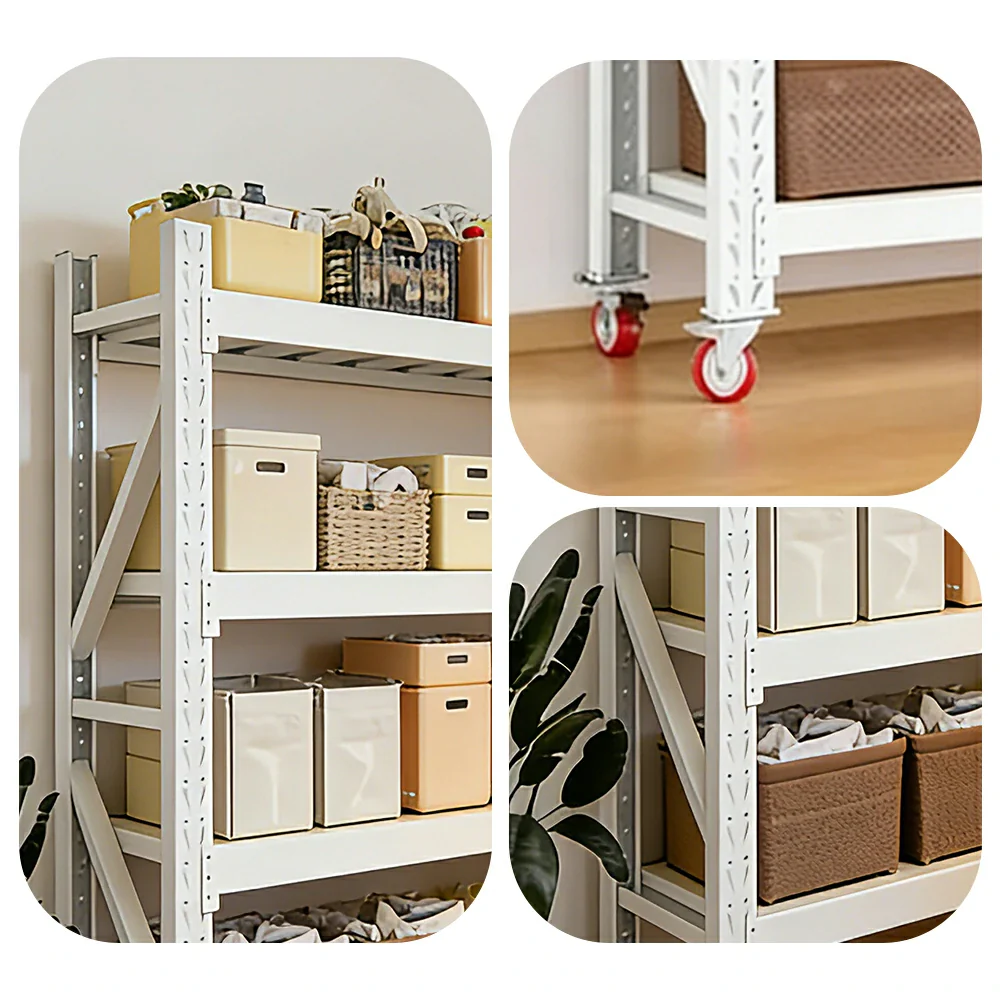 GROVIA 4-Tier 100/120cm Storage Shelving Rack, Screw-Free Steel Frame, Swivel Castors with Brakes, Stable Design - White - Image 3