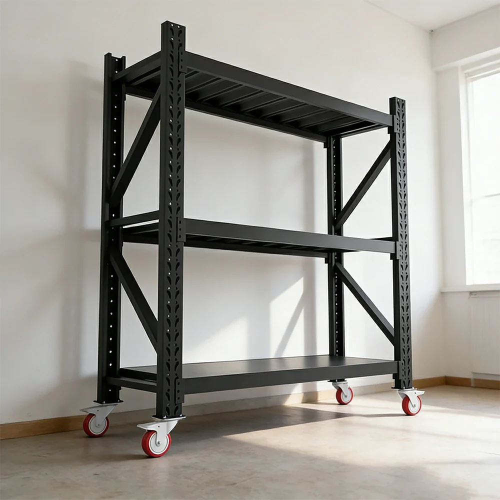 GROVIA 3-Tier 100/120cm Storage Shelving Rack, Screw-Free Steel Frame, Swivel Castors with Brakes, Stable Design - Black - Image 2