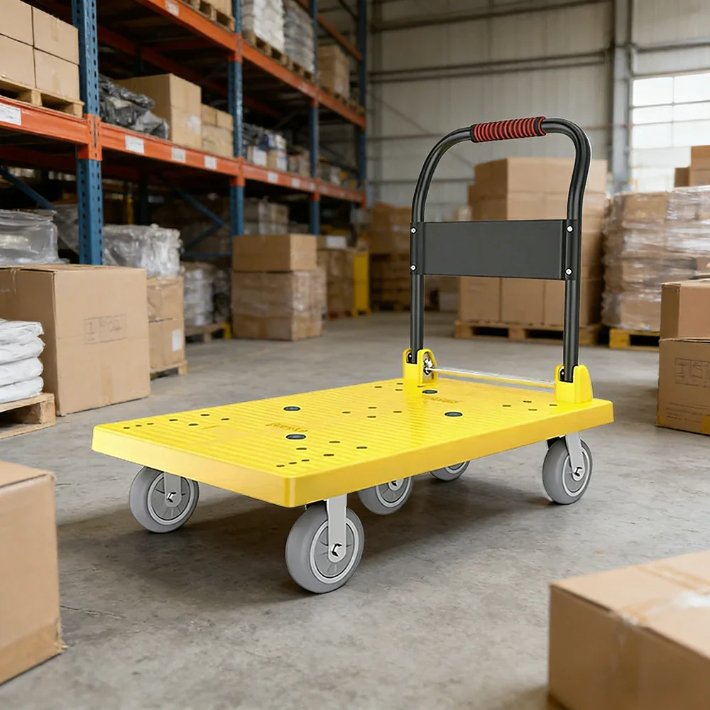 GROVIA Heavy-Duty Platform Trolley - 110x66cm Reinforced Dual-Tube Frame, 6-Inch Industrial Grey Rubber Wheels, Stable & Smooth Transport - Yellow - Image 2
