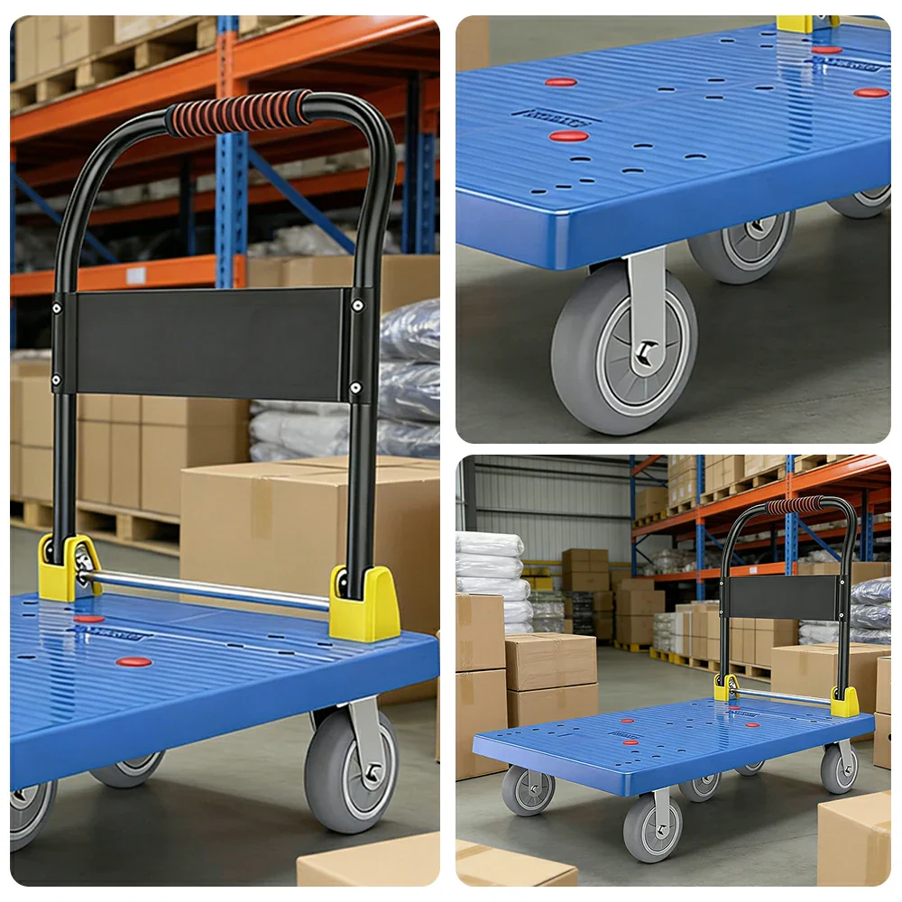 GROVIA Heavy-Duty Platform Trolley - 110x66cm Reinforced Dual-Tube Frame, 6-Inch Industrial Grey Rubber Wheels, Stable & Smooth Transport - Blue - Image 3