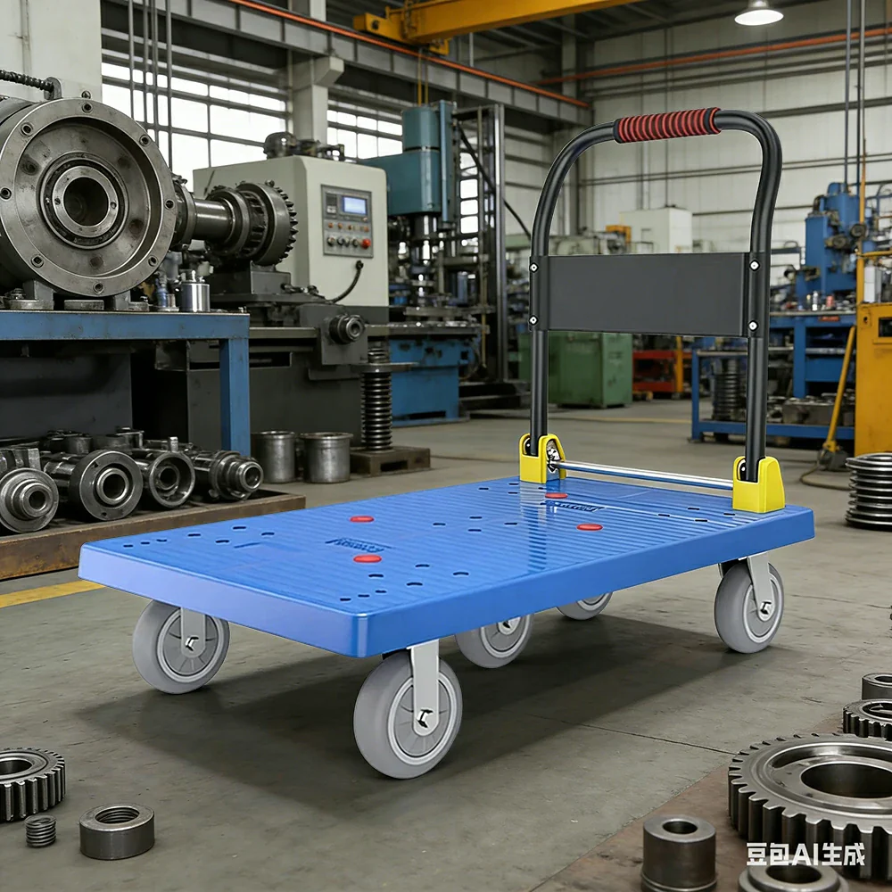 GROVIA Heavy-Duty Platform Trolley - 110x66cm Reinforced Dual-Tube Frame, 6-Inch Industrial Grey Rubber Wheels, Stable & Smooth Transport - Blue - Image 4