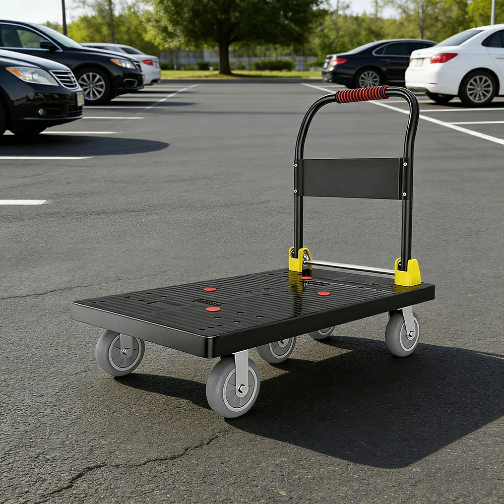 GROVIA Heavy-Duty Platform Trolley - 110x66cm Reinforced Dual-Tube Frame, 6-Inch Industrial Grey Rubber Wheels, Stable & Smooth Transport - Black - Image 2