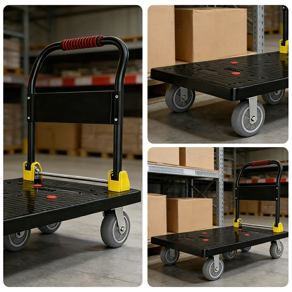 GROVIA Heavy-Duty Platform Trolley - 110x66cm Reinforced Dual-Tube Frame, 6-Inch Industrial Grey Rubber Wheels, Stable & Smooth Transport - Black - Image 3