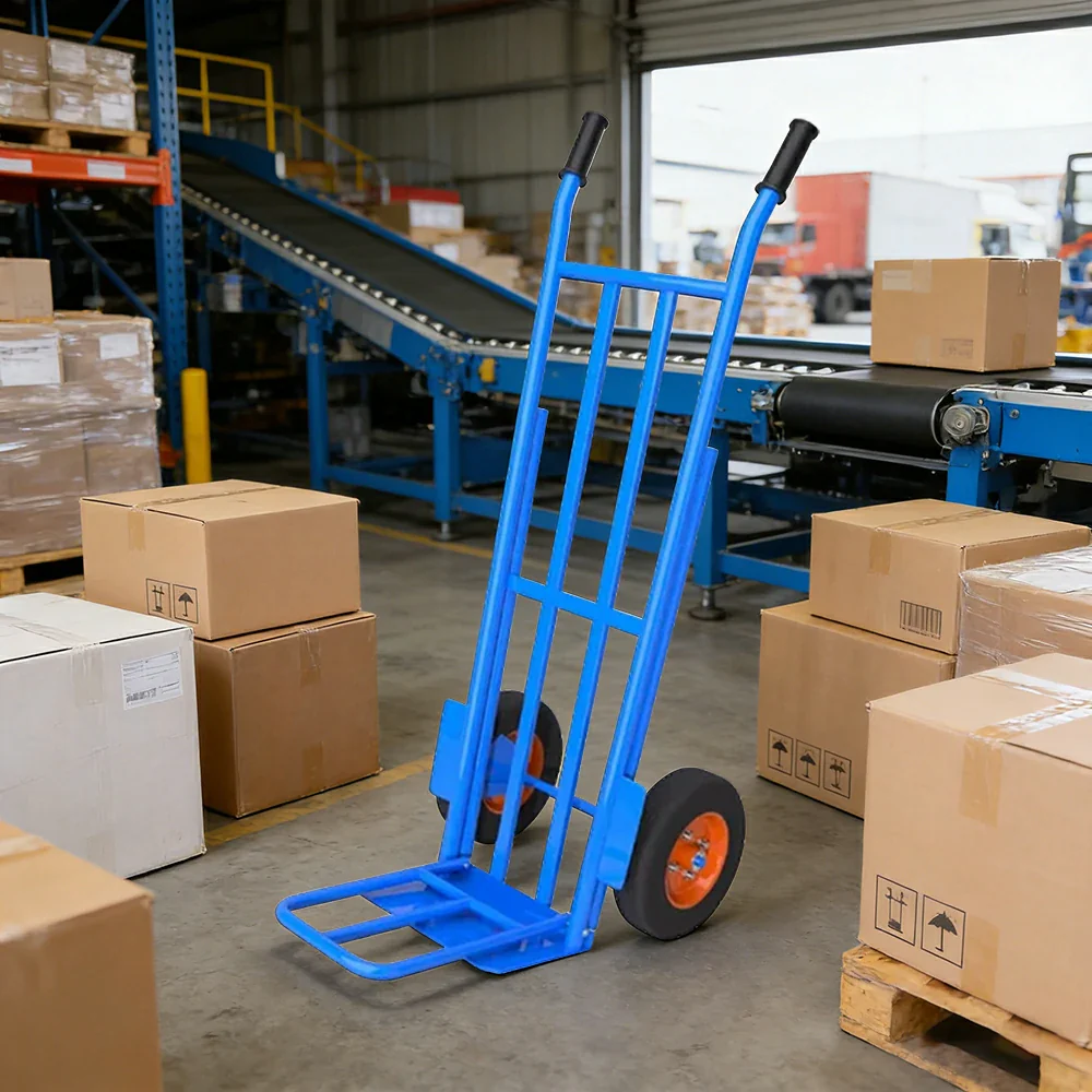 GROVIA Heavy-Duty Hand Truck - 1.3m Double-Tube Frame, 450kg Load Capacity, 10-Inch Solid Wheels, Reinforced Industrial Design - Blue - Image 4
