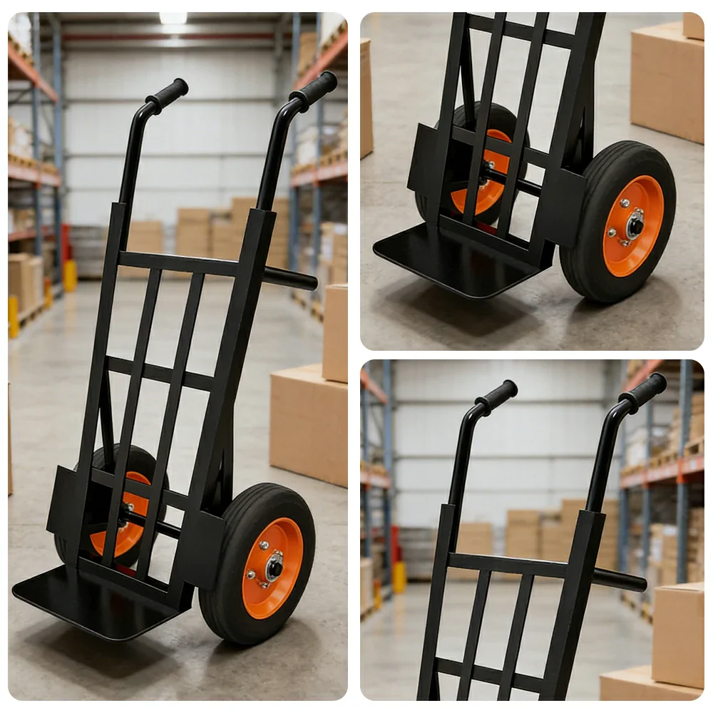 GROVIA Heavy-Duty Hand Truck - 1.3m Reinforced Angle Steel Frame, 450kg Load Capacity, 10-Inch Solid Wheels, Support Leg Design - Black - Image 3