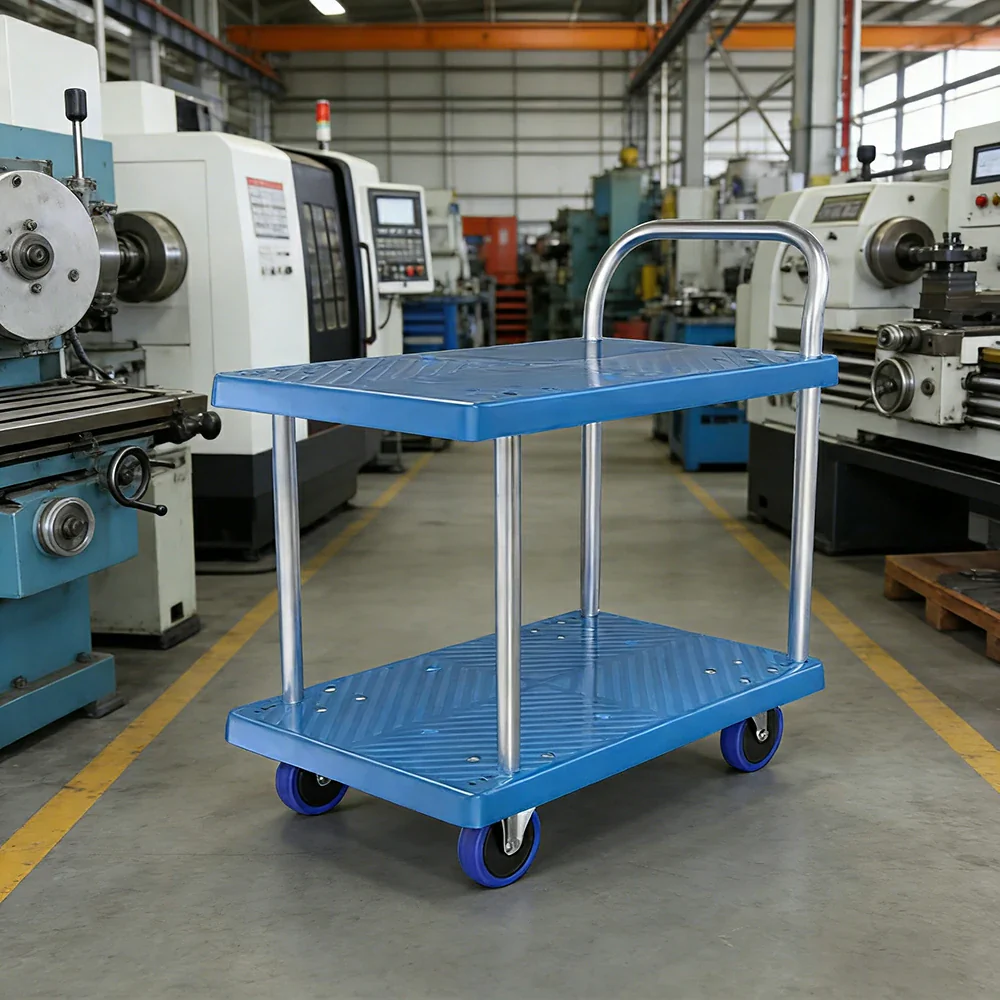 GROVIA Heavy-Duty Double Deck Platform Trolley - 73/90cm, Single Handle, Quiet TPR Wheels, 200/350kg Load Capacity - Blue - Image 2
