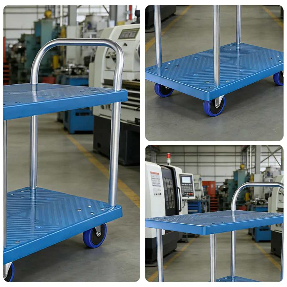 GROVIA Heavy-Duty Double Deck Platform Trolley - 73/90cm, Single Handle, Quiet TPR Wheels, 200/350kg Load Capacity - Blue - Image 3