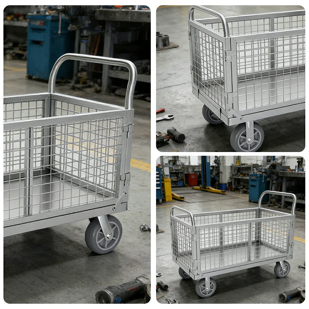 GROVIA Heavy-Duty Mesh Platform Trolley - 90x60cm, Foldable Cage Design, Quiet 6-Inch Rubber Wheels, 300kg Load Capacity - Silver - Image 3