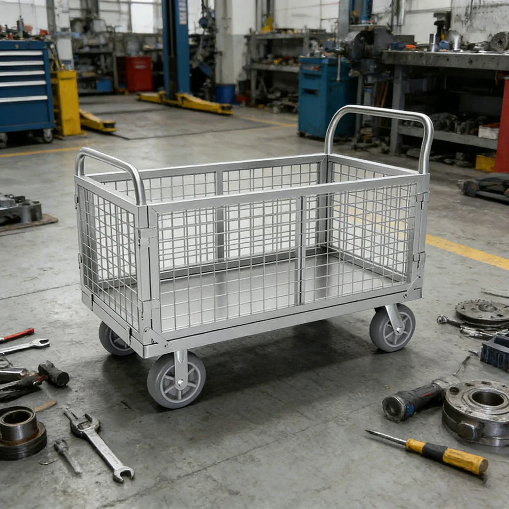 GROVIA Heavy-Duty Mesh Platform Trolley - 90x60cm, Foldable Cage Design, Quiet 6-Inch Rubber Wheels, 300kg Load Capacity - Silver - Image 4