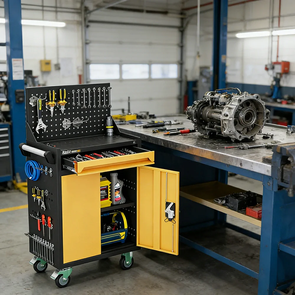 GROVIA Mobile Tool Trolley with Pegboard - Single Drawer Design, Heavy-Duty Steel Cabinet, Lockable Storage for Workshop & Garage - Yellow - Image 4