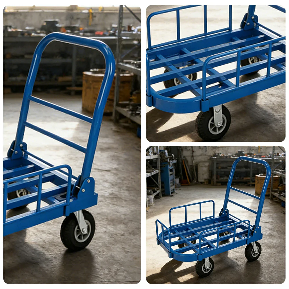 GROVIA Heavy-Duty Guard Rail Platform Trolley - 75/90cm, Fully Silent 6-Inch Black Rubber Wheels, 325/375kg Load Capacity, Warehouse & Logistics Transport - Blue - Image 3