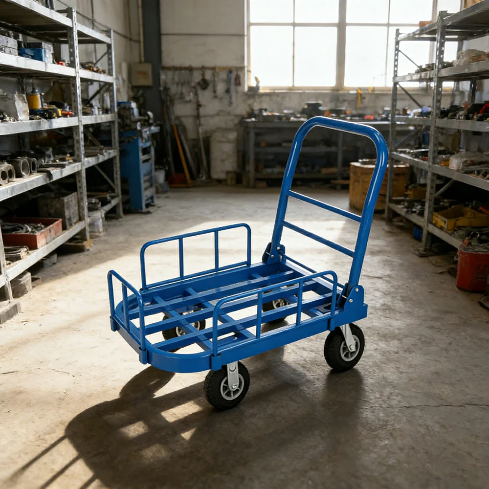 GROVIA Heavy-Duty Guard Rail Platform Trolley - 75/90cm, Fully Silent 6-Inch Black Rubber Wheels, 325/375kg Load Capacity, Warehouse & Logistics Transport - Blue - Image 4