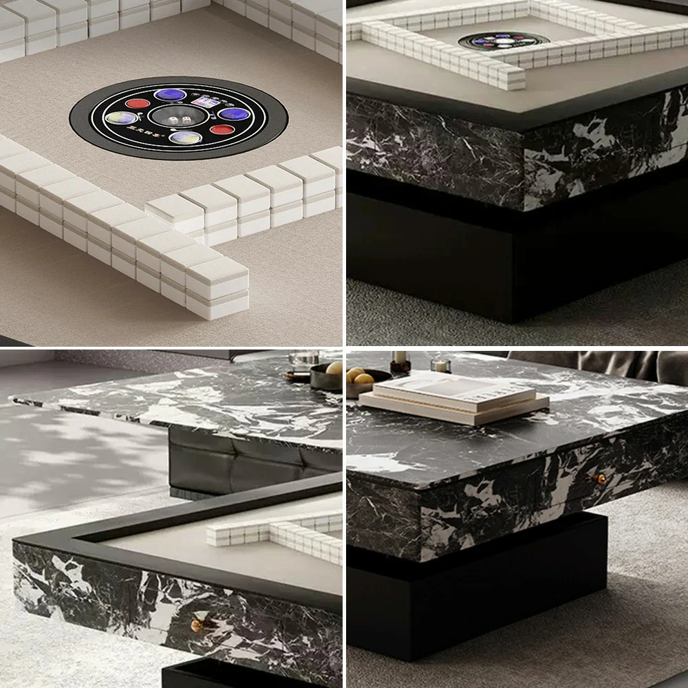 HEXJON Lift-Top Automatic Mahjong Table - Convertible Rock-Textured Design with Storage Drawers - Black&White - Image 3