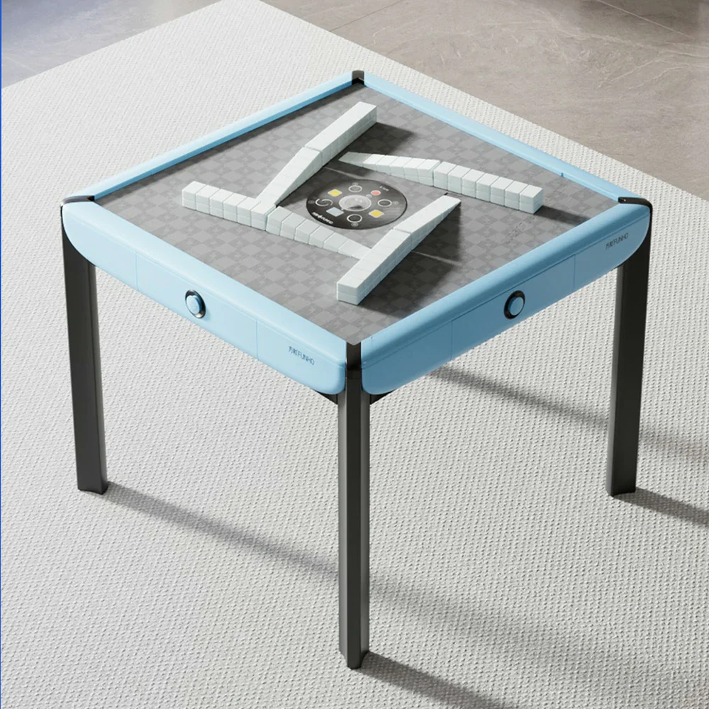 HEXJON 101cm Automatic Mahjong Table - Tempered Glass Top,Noise-Reducing Velvet Surface, Modern Square Design - Blue - Image 2