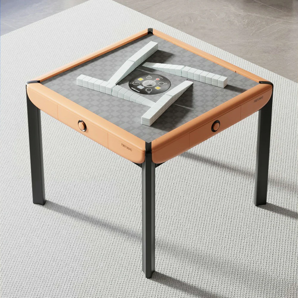 HEXJON 101cm Automatic Mahjong Table - Tempered Glass Top,Noise-Reducing Velvet Surface,Modern Square Design - Orange - Image 2