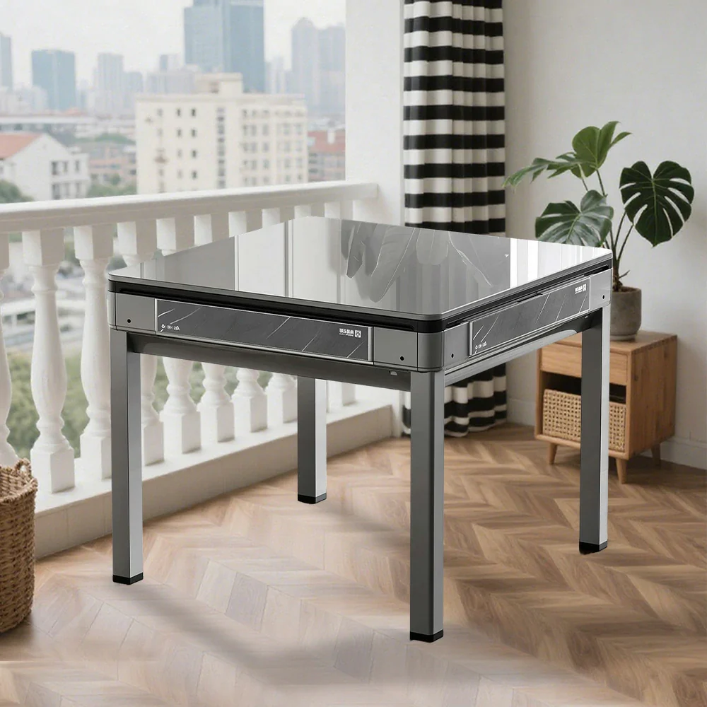 HEXJON 91 x 91 cm Mini Automatic Mahjong Table, Low Noise, Full Metal Frame, Glass Border Design - Grey - Image 4