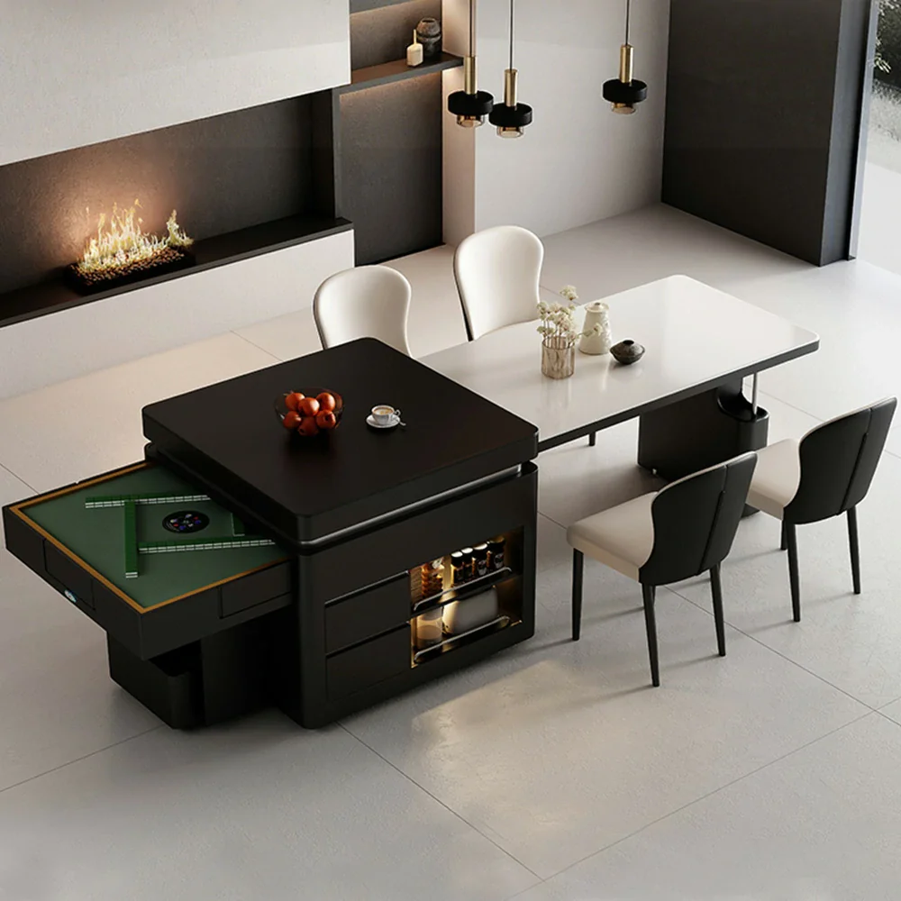HEXJON Extendable Lift-Top Automatic Mahjong Dining Table – 140-220CM Convertible Island Design with Storage - White & Black - Image 2