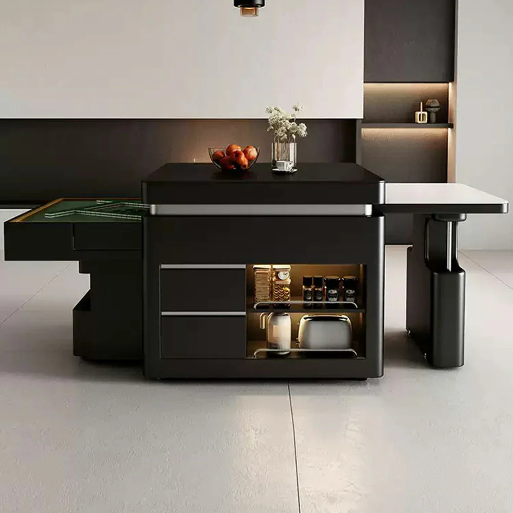HEXJON Extendable Lift-Top Automatic Mahjong Dining Table – 140-220CM Convertible Island Design with Storage - White & Black - Image 4
