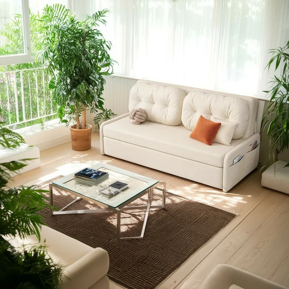 LIVARA 100/120cm Sofa Bed, Skin-Friendly Milk Velvet Fabric, No Storage Design, 8cm Comfort Foam Cushion, Space-Saving Pull-Out Style - Beige - Image 2