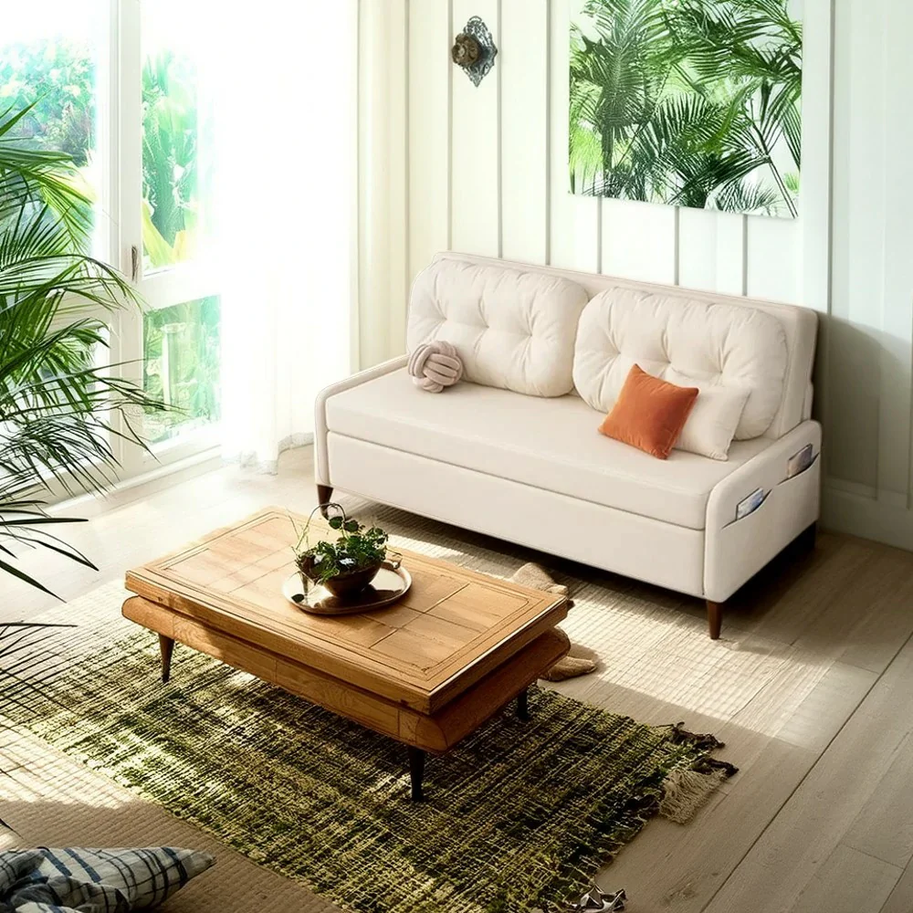 LIVARA 100/120cm Sofa Bed, Skin-Friendly Milk Velvet Fabric, No Storage Design, 8cm Comfort Foam Cushion, Space-Saving Pull-Out Style - Beige - Image 4