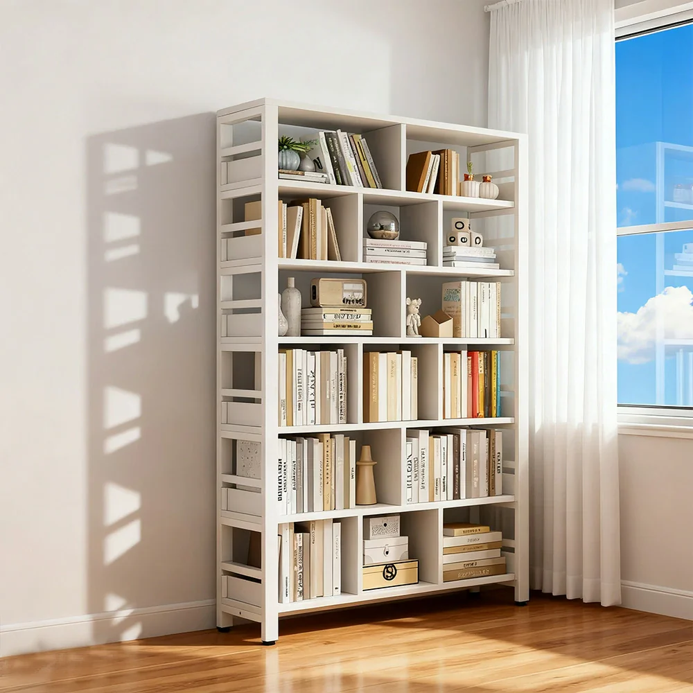 LIVARA 7-Tier Bookshelf 80/110/140cm Space-Saving Storage Rack, Thickened Eco Panels, Reinforced Steel Frame - White - Image 4