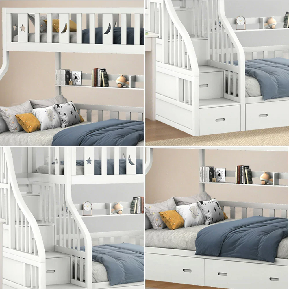 LIVARA CF02 Cozy Crest Bunk Bed Solid Pine Timber Safety Rails Big Storage - White - Image 3