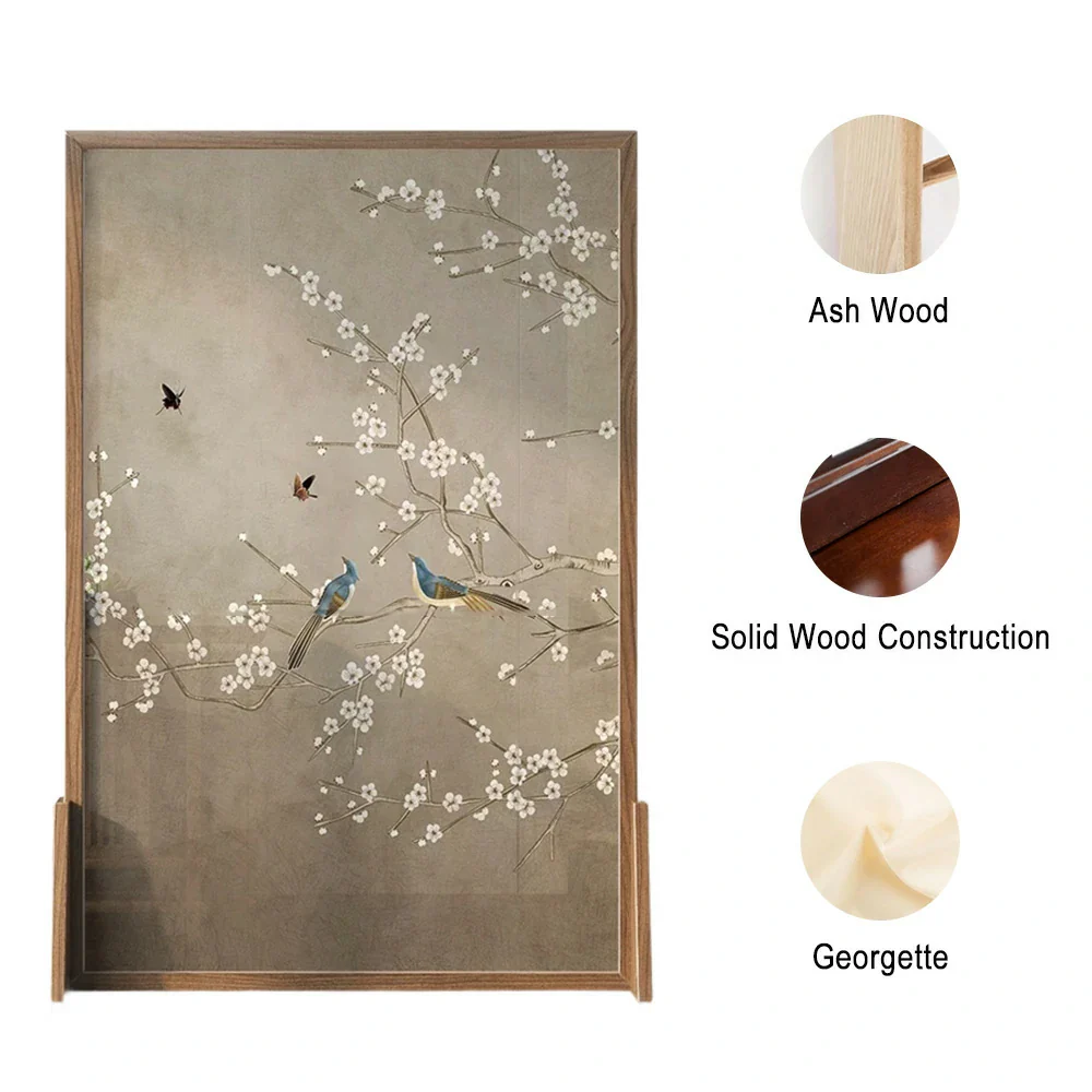LIVARA Asian Style Solid Wood Room Divider, Plum Blossom & Bird Design,Ash Wood & Mongolian Pine Frame, Elegant Home Decor - Image 5