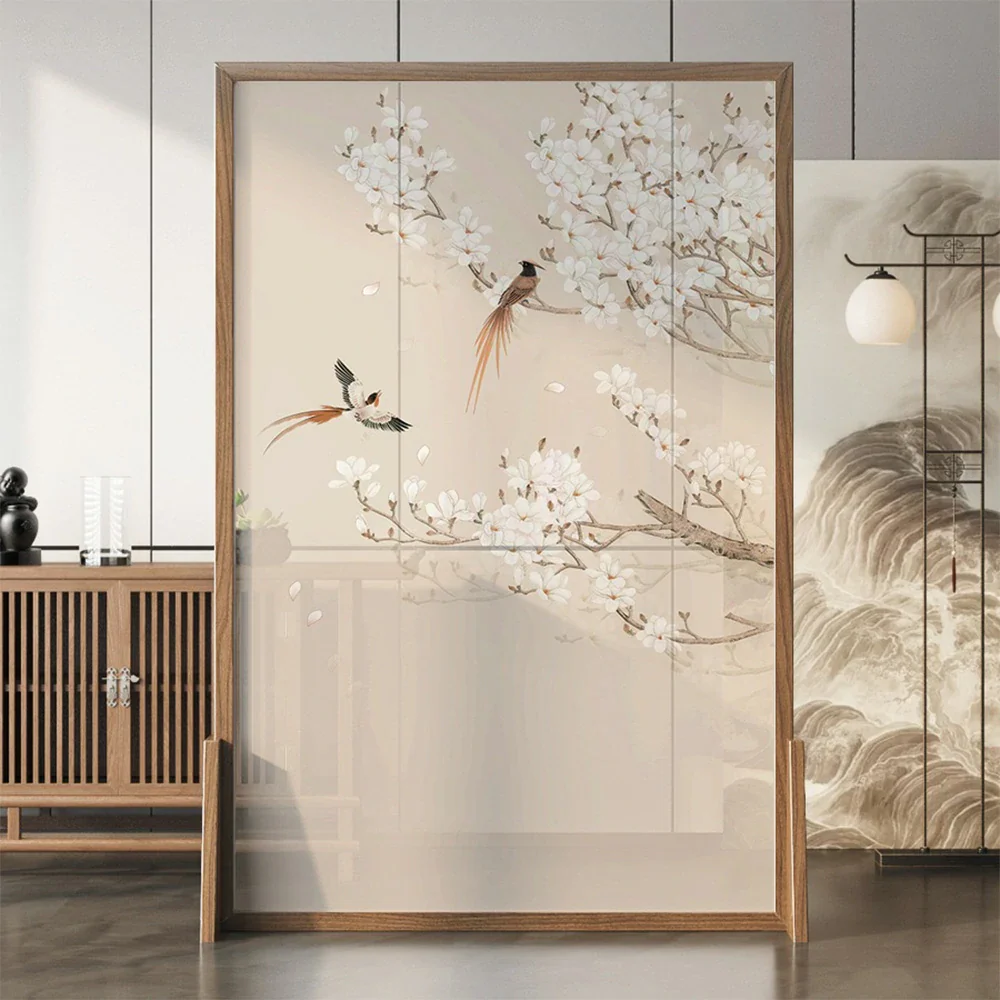 LIVARA Oriental Style Solid Wood Room Divider, Plum Blossom & Bird Design, No Cutout, Ash Wood & Mongolian Pine Frame, Elegant Home Decor - Image 2