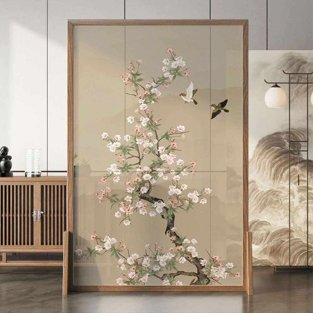 LIVARA Asian Style Solid Wood Room Divider, Floral & Bird Design, No Cutout, Ash Wood & Mongolian Pine Frame, Elegant Home Decor - Image 4