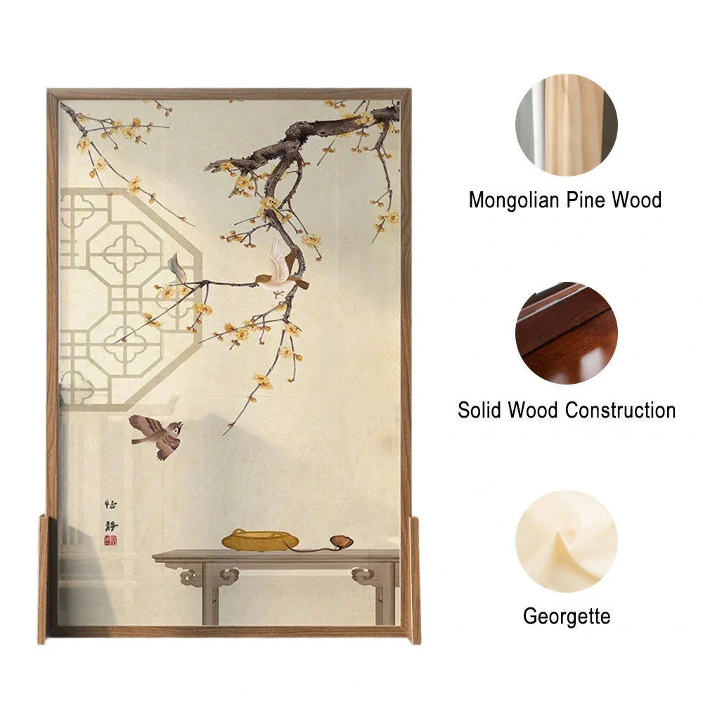 LIVARA Oriental Style Solid Wood Room Divider, Plum Blossom & Bird Design, Ash & Mongolian Pine Frame - Image 3