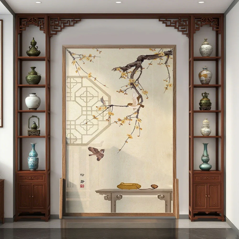 LIVARA Oriental Style Solid Wood Room Divider, Plum Blossom & Bird Design, Ash & Mongolian Pine Frame - Image 4