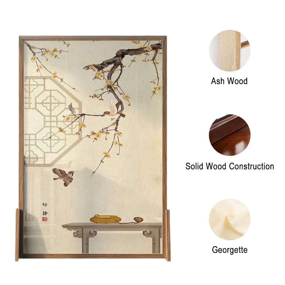 LIVARA Oriental Style Solid Wood Room Divider, Plum Blossom & Bird Design, Ash & Mongolian Pine Frame - Image 5