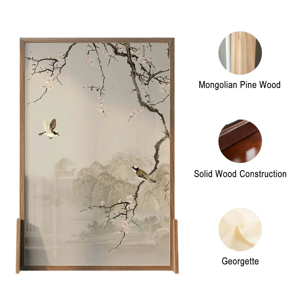 LIVARA Oriental Solid Wood Room Divider, Landscape & Plum Blossom Design, No Cutout, Ash & Mongolian Pine Frame - Image 3