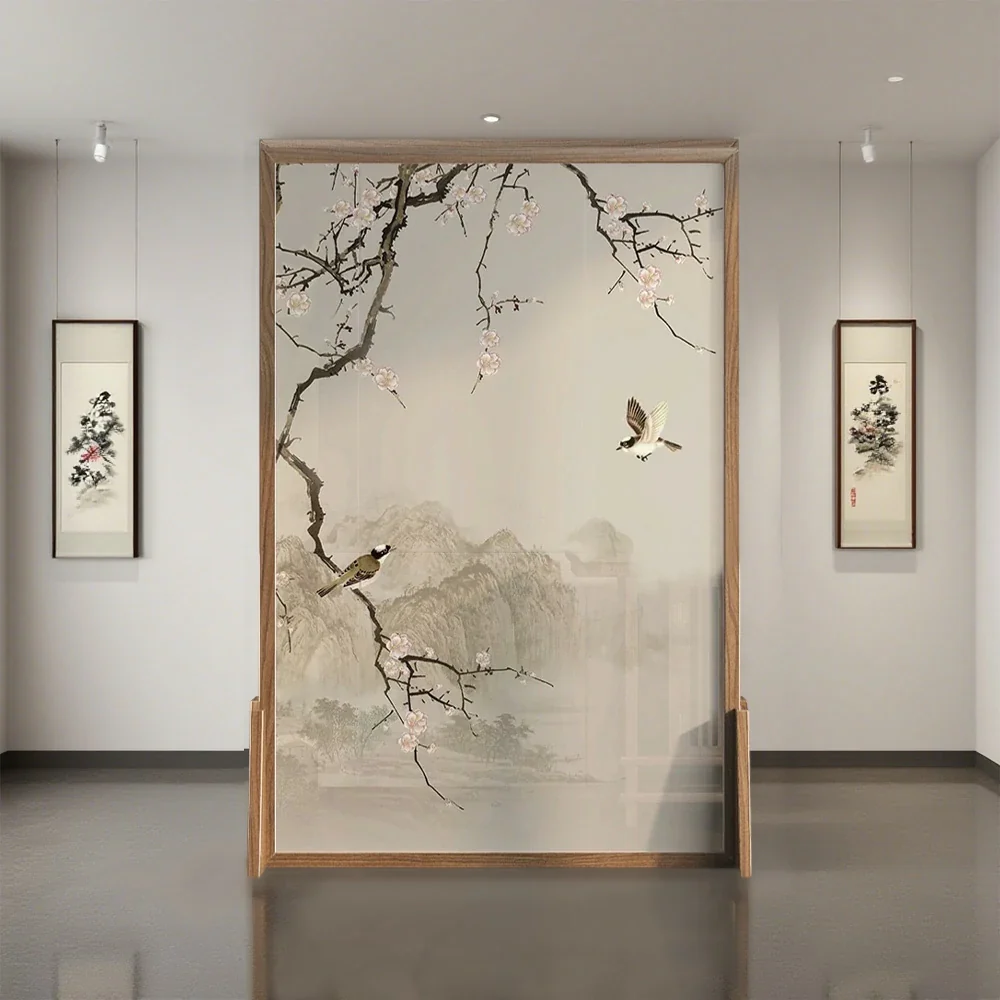LIVARA Oriental Solid Wood Room Divider, Landscape & Plum Blossom Design, No Cutout, Ash & Mongolian Pine Frame - Image 4